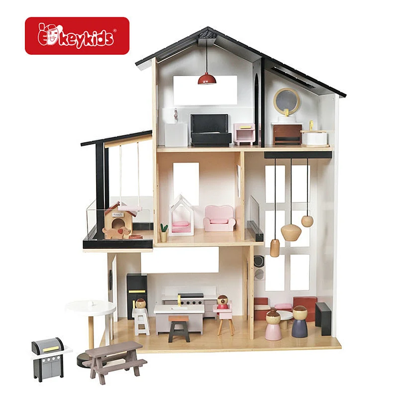 Stock Available Kids Modern Villa Toys Children Wooden Dollhouse with 49 Furnituee W06A539