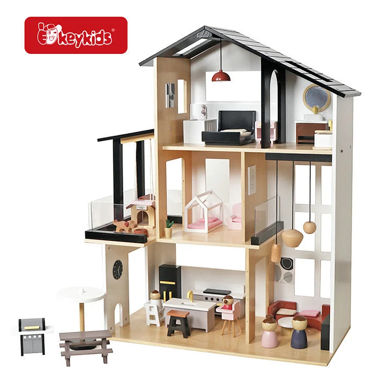 Stock Available Kids Modern Villa Toys Children Wooden Dollhouse with 49 Furnituee W06A539