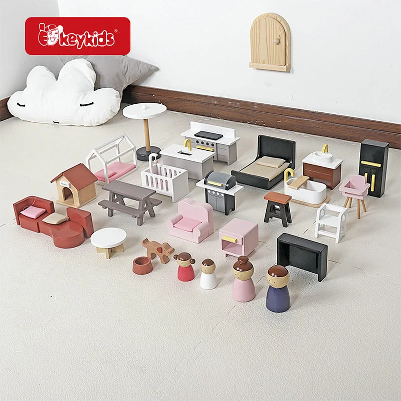 Stock Available Kids Modern Villa Toys Children Wooden Dollhouse with 49 Furnituee W06A539